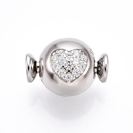 925 европейские застежки из стерлингового серебра с микропаве из прозрачных кубических цирконий, круглые сердечки-клипсы с 925 штампом, родий