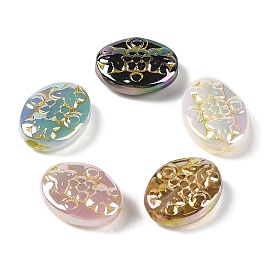 Metal Enlaced Acrylic Beads, Iridescent, Oval with Flower Pattern