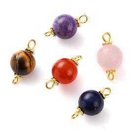 Mixed Stone Links Connectors,  with Golden Tone Brass Eye Pin and Alloy Spacer Beads, Round