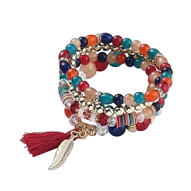 Multi-layered Stretch Bracelets Sets, Stackable Bracelets, with Acrylic Beads, Golden Plated Alloy Findings and Yarn Tassel Pendants