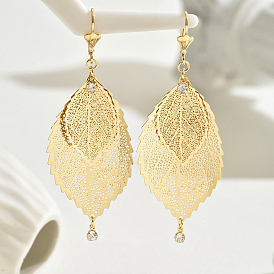 Brass Leaf Cutout Tassel Vintage Hoop Earrings for Women