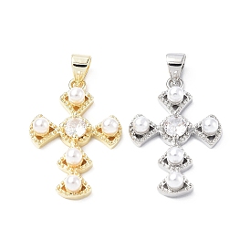 Eco-Friendly Brass Micro Pave Cubic Zirconia Pendants, with Plastic Imitation Pearls, Cadmium Free & Lead Free, Long-Lasting Plated, Fan Cross Religion Charm