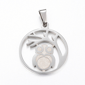 Ion Plating(IP) 304 Stainless Steel Pendants, Textured, Flat Round with Tree and Owl