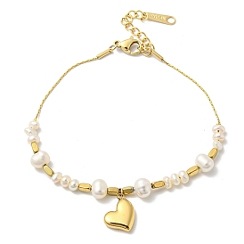 Placage ionique (ip) 304 bracelets à breloques coeur en acier inoxydable, bracelets de perles naturelles pour femmes