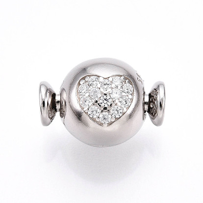 925 европейские застежки из стерлингового серебра с микропаве из прозрачных кубических цирконий, круглые сердечки-клипсы с 925 штампом, родий