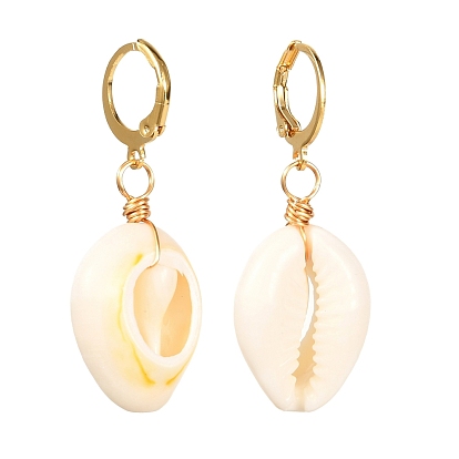 Natural Cowrie Shell Beads Dangle Earrings for Girl Women, 304 Stainless Steel Leverback Earring