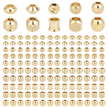 150Pcs 10 Style Brass Beads, Long-Lasting Plated, Cube & Column & Bicone & Round & Rondelle
