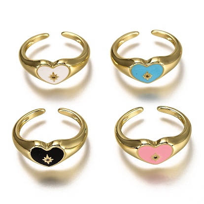 Brass Micro Pave Clear Cubic Zirconia Cuff Rings, Open Rings, with Enamel, Heart with Star, 
Real 18K Gold Plated, Long-Lasting Plated