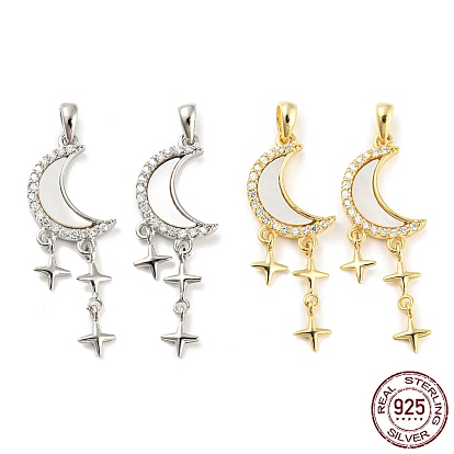 Natural Shell Pendants, with Rhodium Plated 925 Sterling Silver Micro Pave Cubic Zirconia Findings, Moon with Star Charms