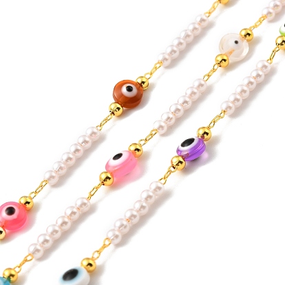 Handmade Brass Cable Chains, with Glass & CCB Evil Eye & Imitation Pearl Beads, Long-Lasting Plated, Golden, Soldered, with Spool