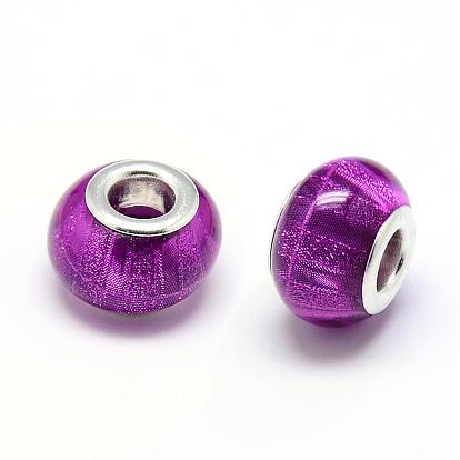 Resin European Beads, Large Hole Beads, with Silver Color Plated Brass Cores, Rondelle Large Hole Beads