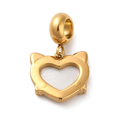 304 Stainless Steel European Dangle Charms, Large Hole Pendants with Heart Shaped White Shell, Cat Head