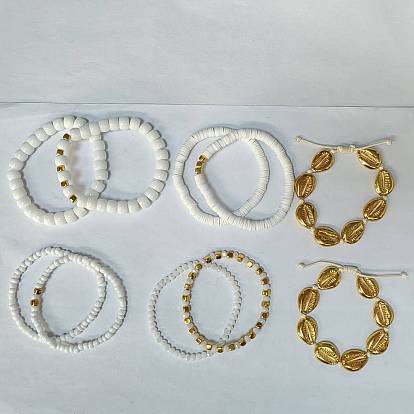 10Pcs 10 Styles Handmade Polymer Clay & Glass Seed Beaded Stretch Bracelet Sets, Summer Beach Shell Shaped CCB Plastic Braided Bead Bracelets for Women