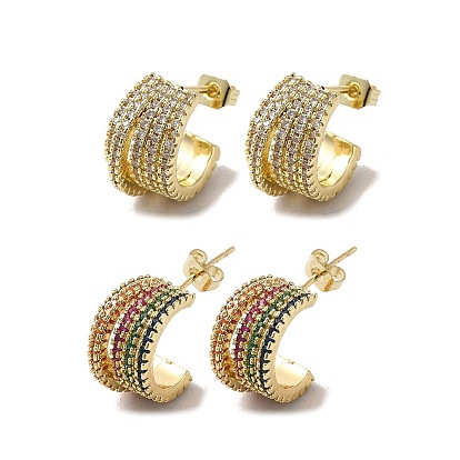 Golden Brass Micro Pave Cubic Zirconia Stud Earrings, Split Earrings