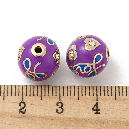 Alloy Enamel Beads, with Rhinestone, Round with Heart Love