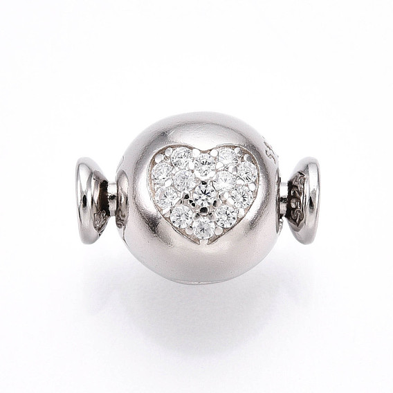 925 европейские застежки из стерлингового серебра с микропаве из прозрачных кубических цирконий, круглые сердечки-клипсы с 925 штампом, родий