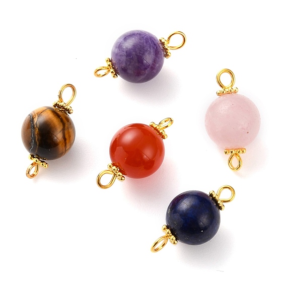 Mixed Stone Links Connectors,  with Golden Tone Brass Eye Pin and Alloy Spacer Beads, Round
