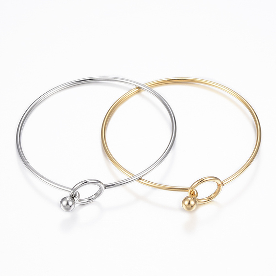 304 Stainless Steel Bangle, End with Immovable Round Beads