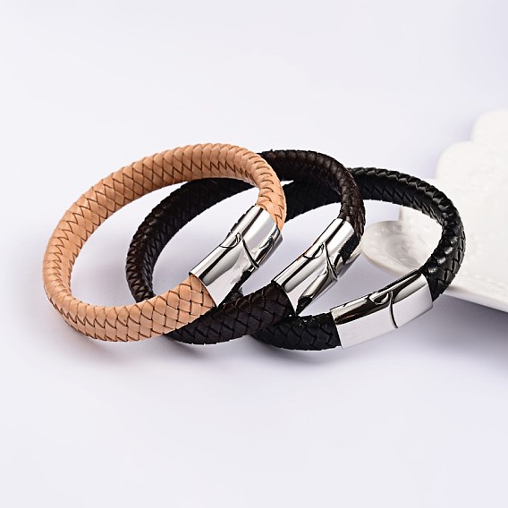 Модный кожаные браслеты плетеного шнура, с 304 из нержавеющей стали магнитные застежки, 220x12x6 мм
