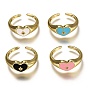 Brass Micro Pave Clear Cubic Zirconia Cuff Rings, Open Rings, with Enamel, Heart with Star, 
Real 18K Gold Plated, Long-Lasting Plated