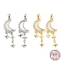 Natural Shell Pendants, with Rhodium Plated 925 Sterling Silver Micro Pave Cubic Zirconia Findings, Moon with Star Charms