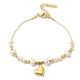 Ion Plating(IP) 304 Stainless Steel Heart Charms Bracelets, Natural Pearl Bead Bracelets for Women