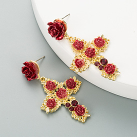 Baroque Style Rose Cross Vintage European American Water Diamond Long Earrings