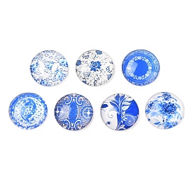 Blue and White Printed Glass Cabochons, Half Round/Dome