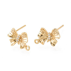 Фурнитура для сережек-гвоздиков с бантом из латуни с прозрачными кубическими цирконами, без никеля , с петлей