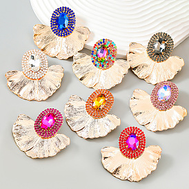 Exaggerated Leaf Flower Earrings Oval Glass Rhinestone Alloy Jewelry Supply