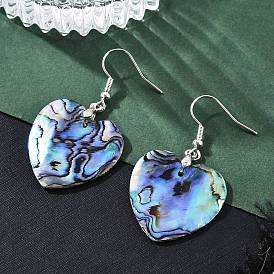 Platinum Tone Brass Natural Paua Shell Dangle Earrings, Heart