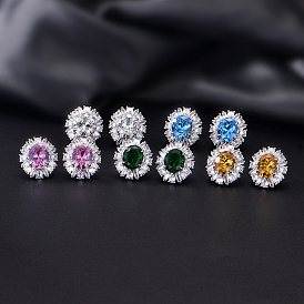 Ohrstecker aus Messing mit Mikropavé-Kubikzirkonia für Damen, ellipsenförmige, Platin Farbe