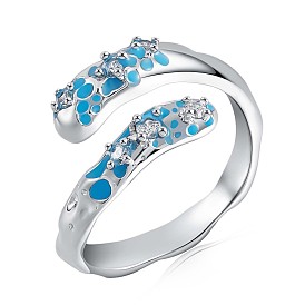 925 Sterling Silver Open Cuff Ring with Clear Cubic Zirconia, Deep Sky Blue Enamel Finger Ring for Women