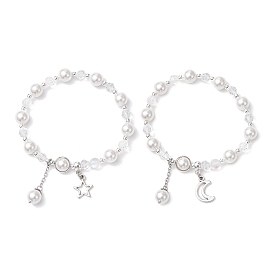 Браслеты из ракушечного жемчуга и стеклянных круглых бусин, браслеты из сплава для женщин, звезда и луна, с бусинами из синтетического лунного камня и гематита