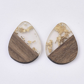 Transparent Resin & Walnut Wood Pendants, with Foil, Waxed, Teardrop