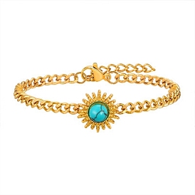 Stainless Steel Curb Chains Bracelets, with Synthetic Turquoise, Sun