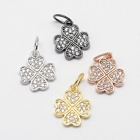 CZ Brass Micro Pave Cubic Zirconia Clover Charms, 13x11x2mm, Jump Ring: 6x0.7mm