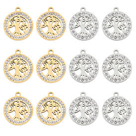 Unicraftale 12Pcs 2 Colors 201 Stainless Steel Pendants, with Polymer Clay Crystal Rhinestone, Flat Round with Tree of Life