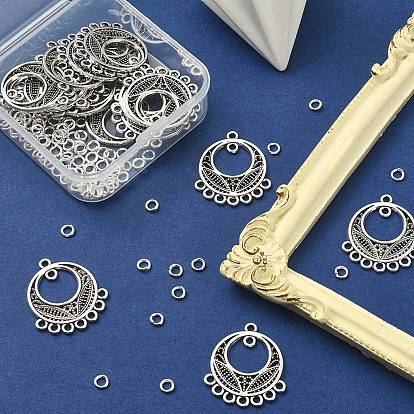20Pcs Tibetan Style Alloy Chandelier Component Links, Flat Round, with 100Pcs Jump Rings