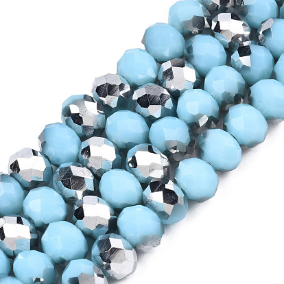 Electroplate Opaque Glass Beads Strands, Half Silver Plated, Faceted, Rondelle