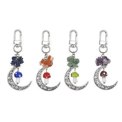 Tibetan Style Alloy Moon Pendant Decoration, with Mushroom Lampwork and Gemstone Chips Alloy Swivel Clasps Charms