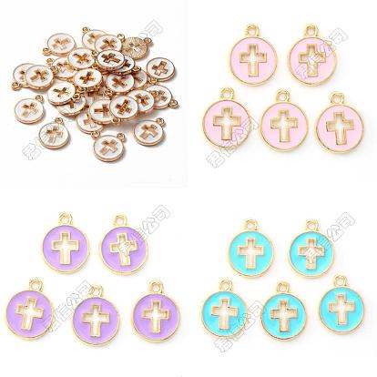 16 pcs 4 couleurs pendentifs en émail en alliage plaqué or clair, plat et circulaire avec croix