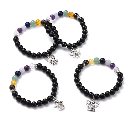 Natural Obsidian & Mixed Stone Round Beads Stretch Bracelet, Mixed Angel Alloy Charm Bracelet for Girl Women, Antique Silver