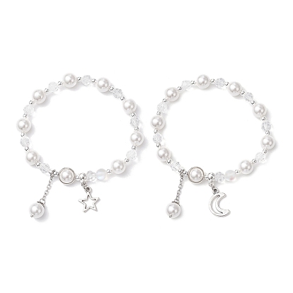 Браслеты из ракушечного жемчуга и стеклянных круглых бусин, браслеты из сплава для женщин, звезда и луна, с бусинами из синтетического лунного камня и гематита