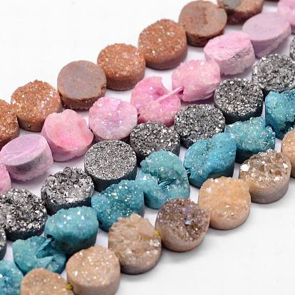 Electroplated Natural & Dyed Druzy Agate Bead Strands, Grade AB, Flat Round