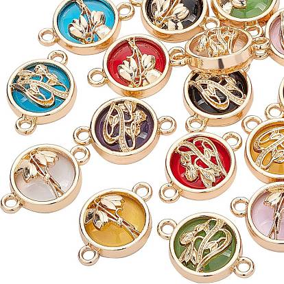 Glass Links Connectors, with Light Gold Plated Alloy Findings, Flat Round with Flower, Light Gold
