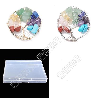 12 piezas 2 colores 7 colgantes de chips de piedras preciosas de aleación de chakra, árbol de la vida encanto, con alambre de cobre envuelto, mezclado teñido y sin teñir, anillo