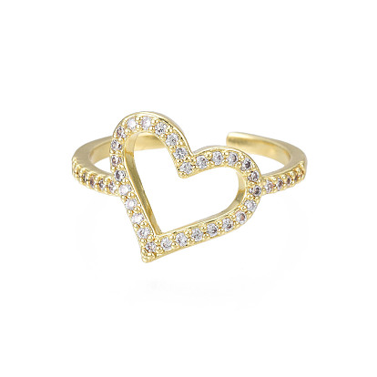 Anillo de puño abierto con corazón de circonita cúbica, anillo grueso de latón chapado en oro real 18k para mujer, sin níquel