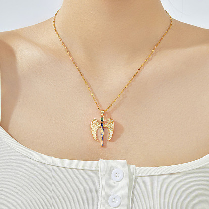 Ожерелья с подвеской в виде крыла ангела в стиле хип-хоп из латуни с синими и зелеными кубическими цирконами, гипоаллергенный для праздников