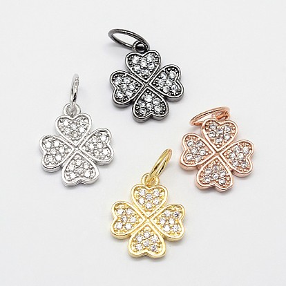 CZ Brass Micro Pave Cubic Zirconia Clover Charms, 13x11x2mm, Jump Ring: 6x0.7mm